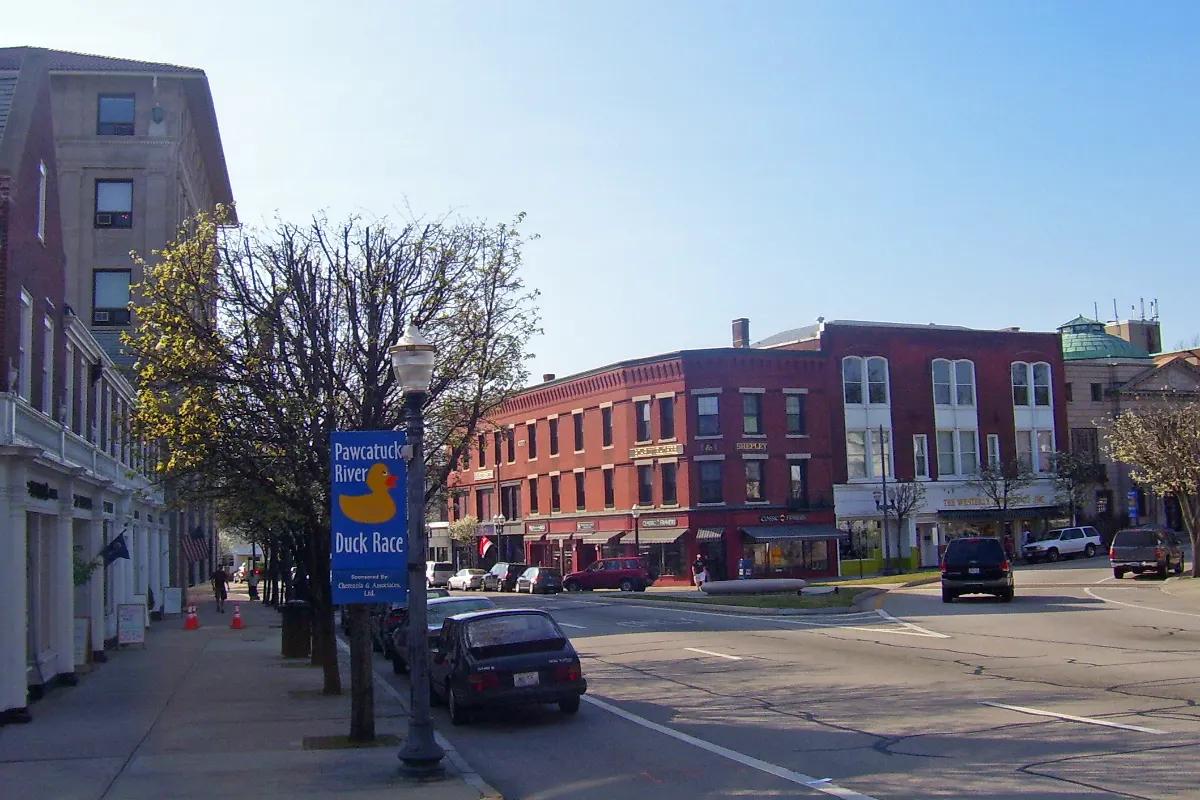 Brick commercial buildings in downtown Westerly